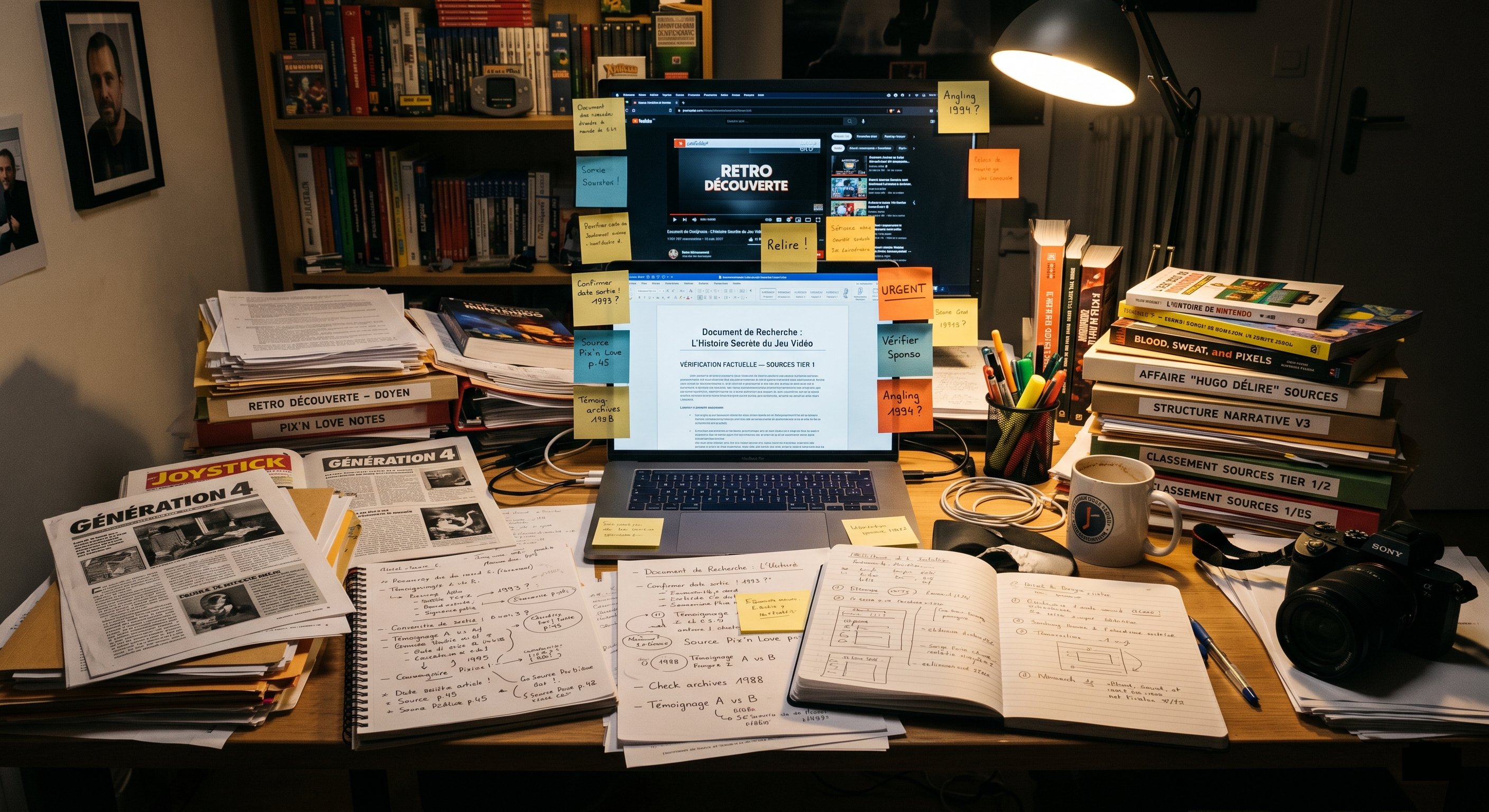 Bureau surchargé de notes et d'onglets ouverts — le vortex de la recherche documentaire